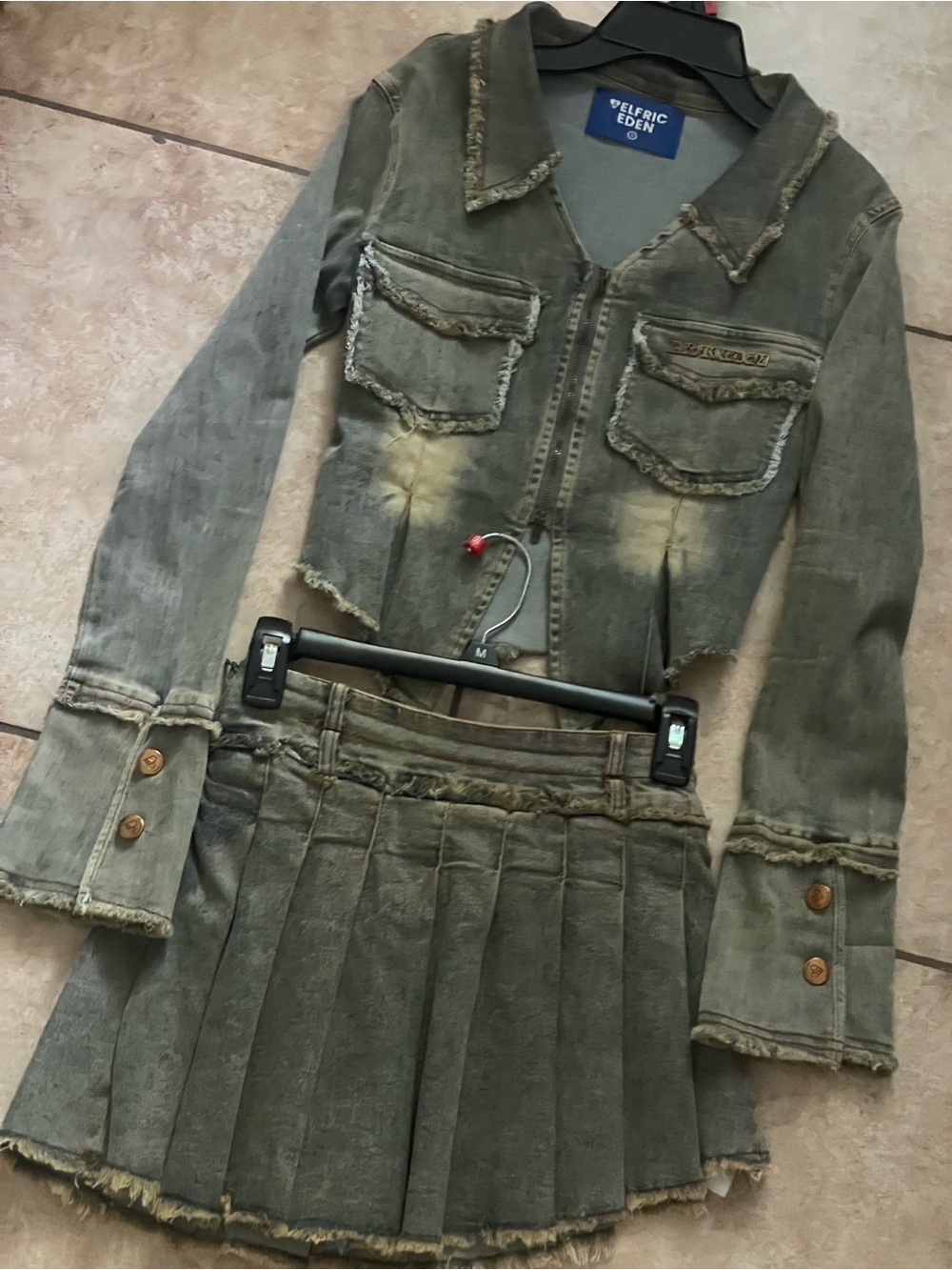 Aelfric Eden Olive Green Distressed Two-Piece Jacket and Pleated Skirt Set